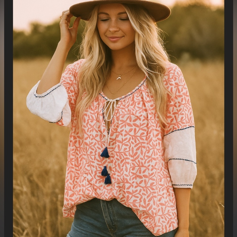 Thierry colson boho evita top in coral & navy tassel spring  boho casual $450 xs